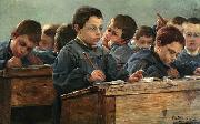 Paul Louis Martin des Amoignes In the classroom. Signed and dated P.L. Martin des Amoignes 1886 USA oil painting artist
